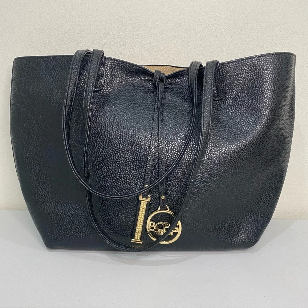 BCBG Paris Shoulder Bag Tote Vegan Pebbled Leather Gold Lock Charm + Extra Bag